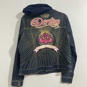 Y2K Dereon Beyonce Denim Jean Jacket Size 1X Embroidered Pink Gold Logo Retro